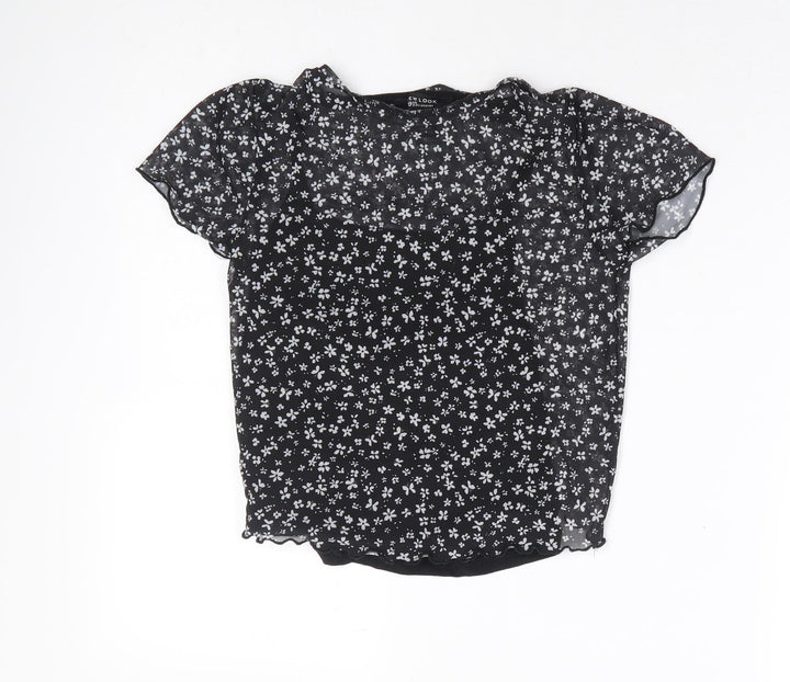 New Look Girls Black Floral Polyester Cropped T-Shirt Size 12-13 Years Round Neck Pullover