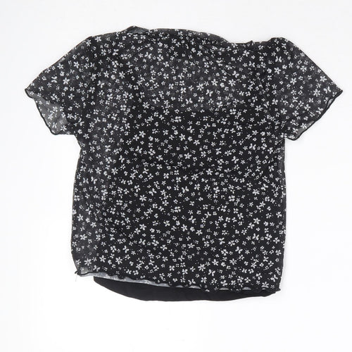 New Look Girls Black Floral Polyester Cropped T-Shirt Size 12-13 Years Round Neck Pullover