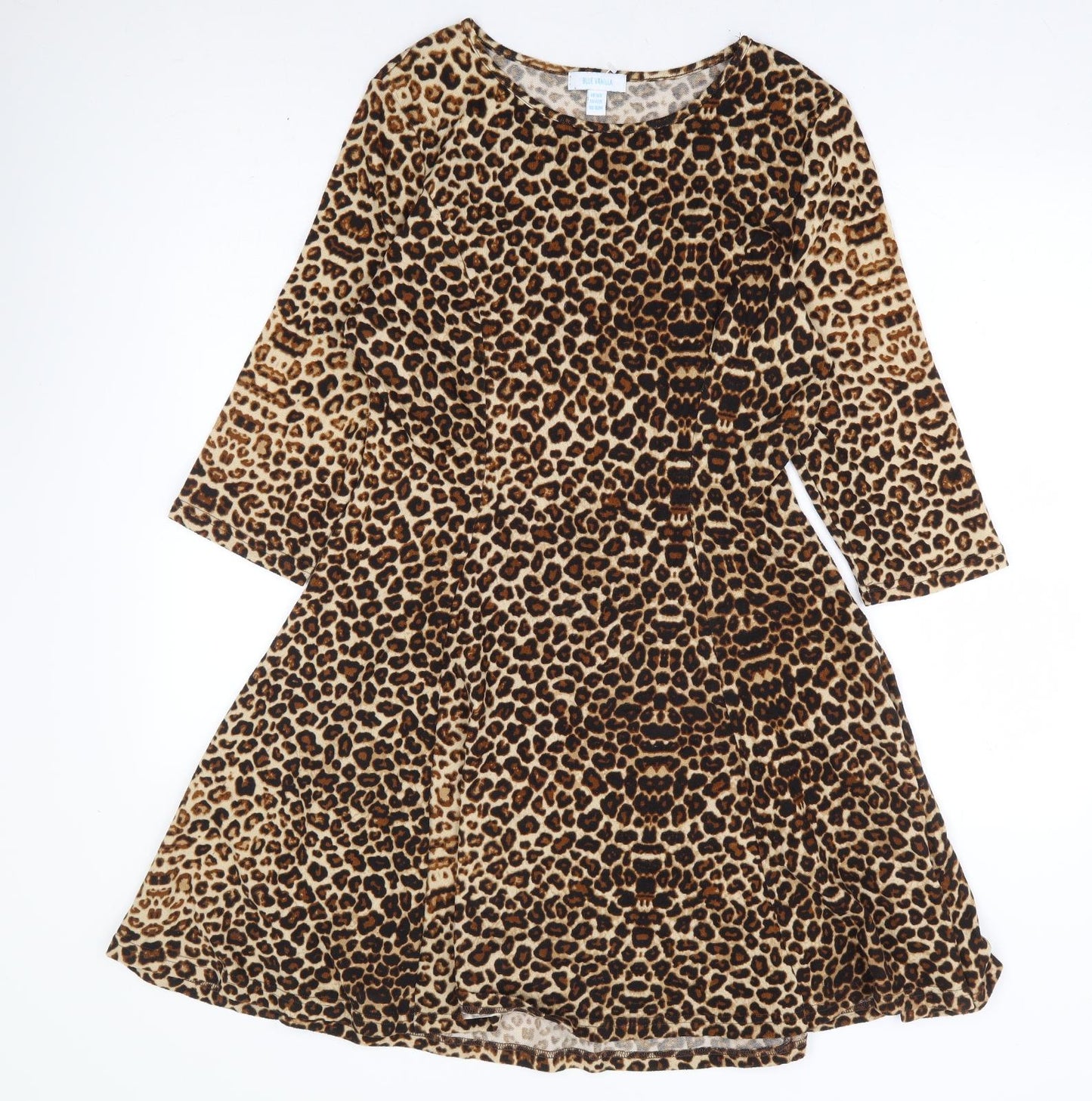 Blue Vanilla Womens Brown Animal Print Polyester Skater Dress Size 14 Round Neck Pullover - Leopard Print