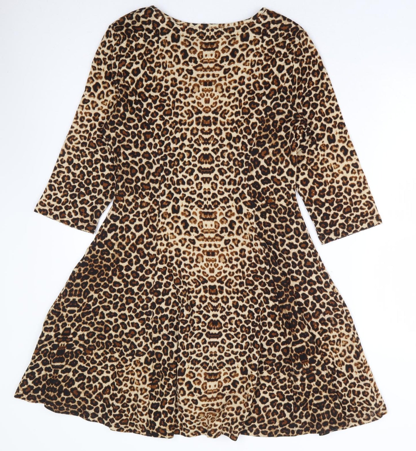Blue Vanilla Womens Brown Animal Print Polyester Skater Dress Size 14 Round Neck Pullover - Leopard Print