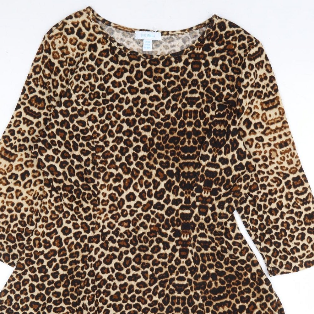 Blue Vanilla Womens Brown Animal Print Polyester Skater Dress Size 14 Round Neck Pullover - Leopard Print