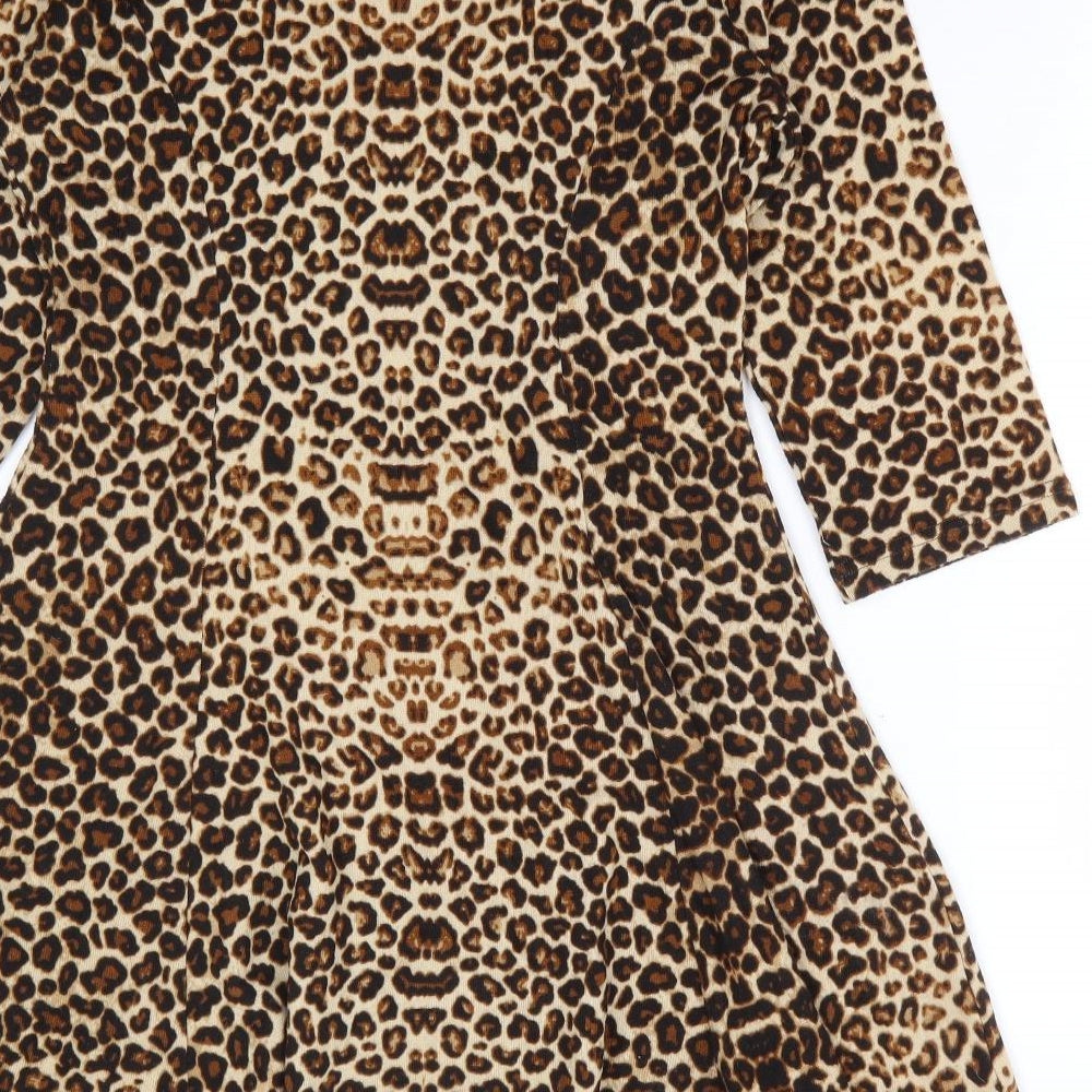 Blue Vanilla Womens Brown Animal Print Polyester Skater Dress Size 14 Round Neck Pullover - Leopard Print