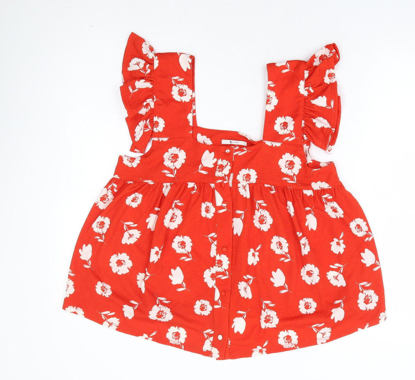 TU Womens Red Floral Polyester Basic Tank Size 12 Square Neck