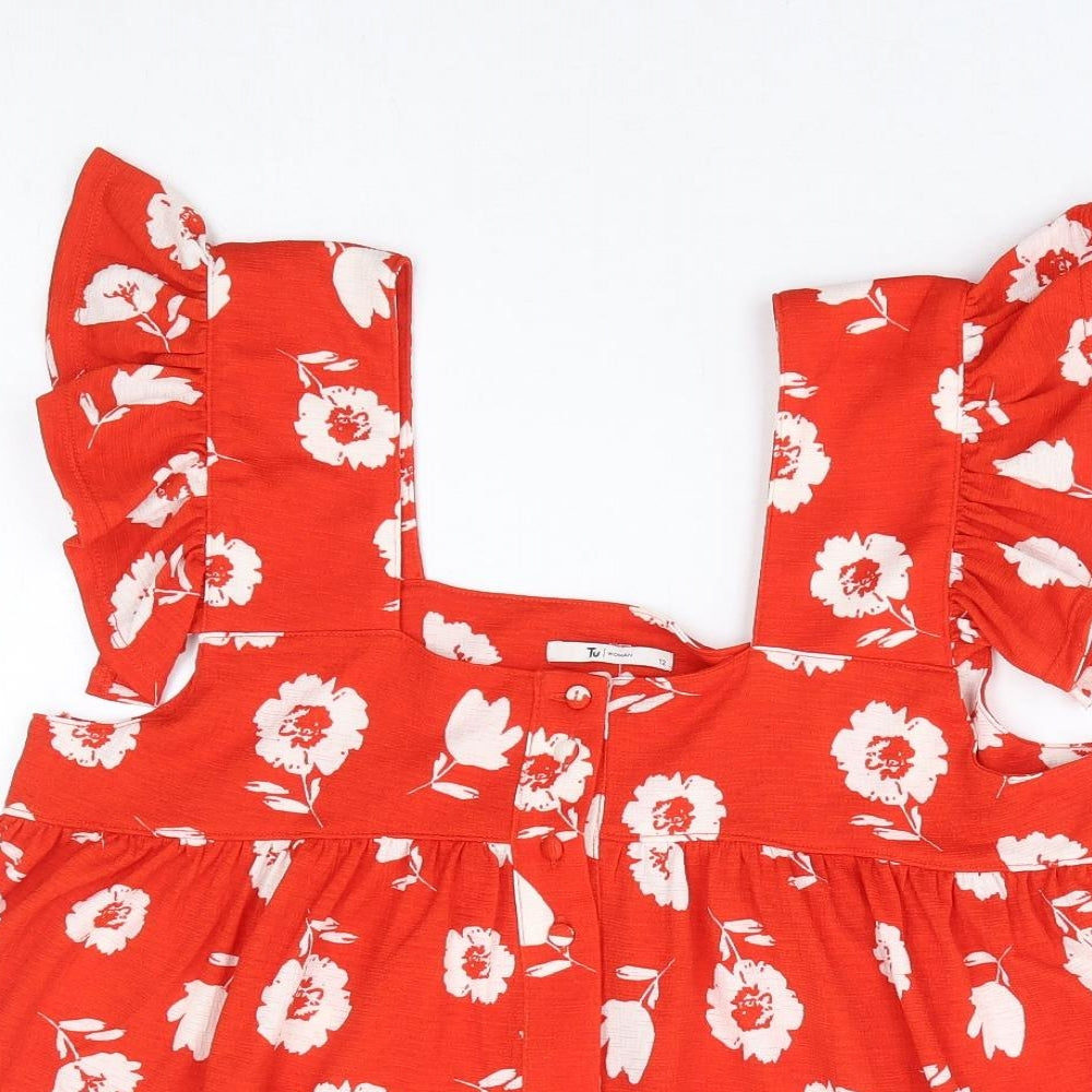 TU Womens Red Floral Polyester Basic Tank Size 12 Square Neck