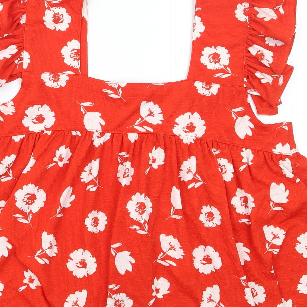TU Womens Red Floral Polyester Basic Tank Size 12 Square Neck