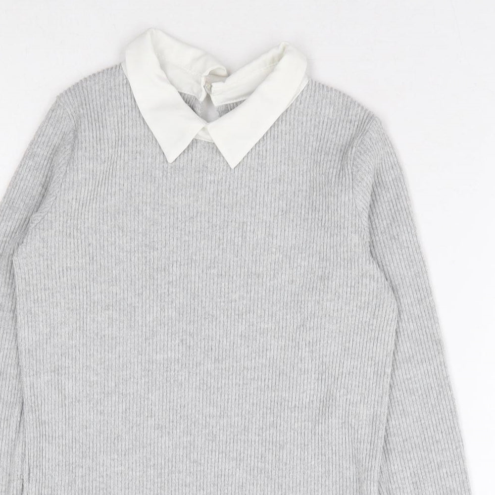 Primark Girls Grey Polyester Basic Blouse Size 10-11 Years Collared Button
