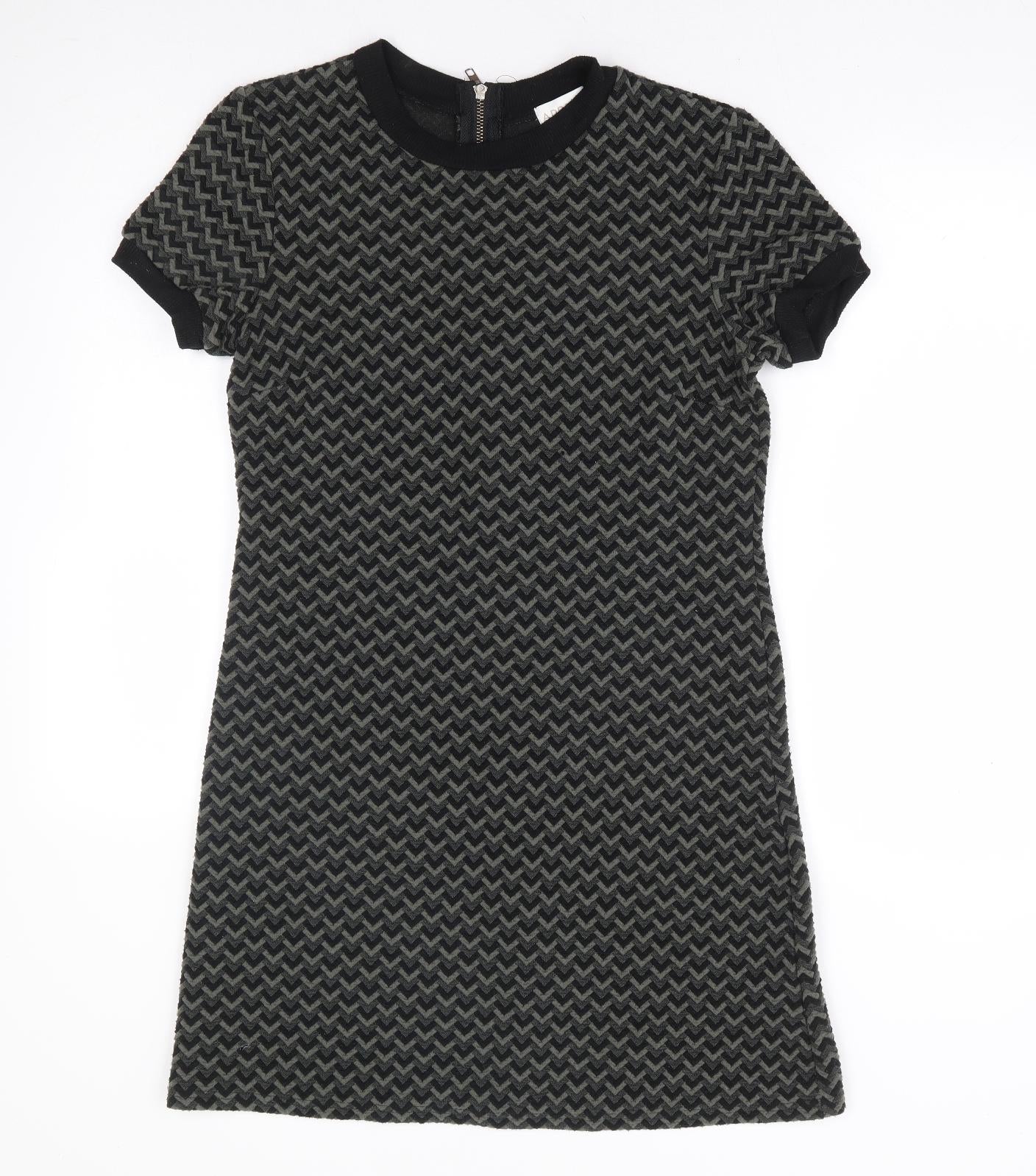 Apricot Womens Green Geometric Polyester A-Line Size S Round Neck Zip