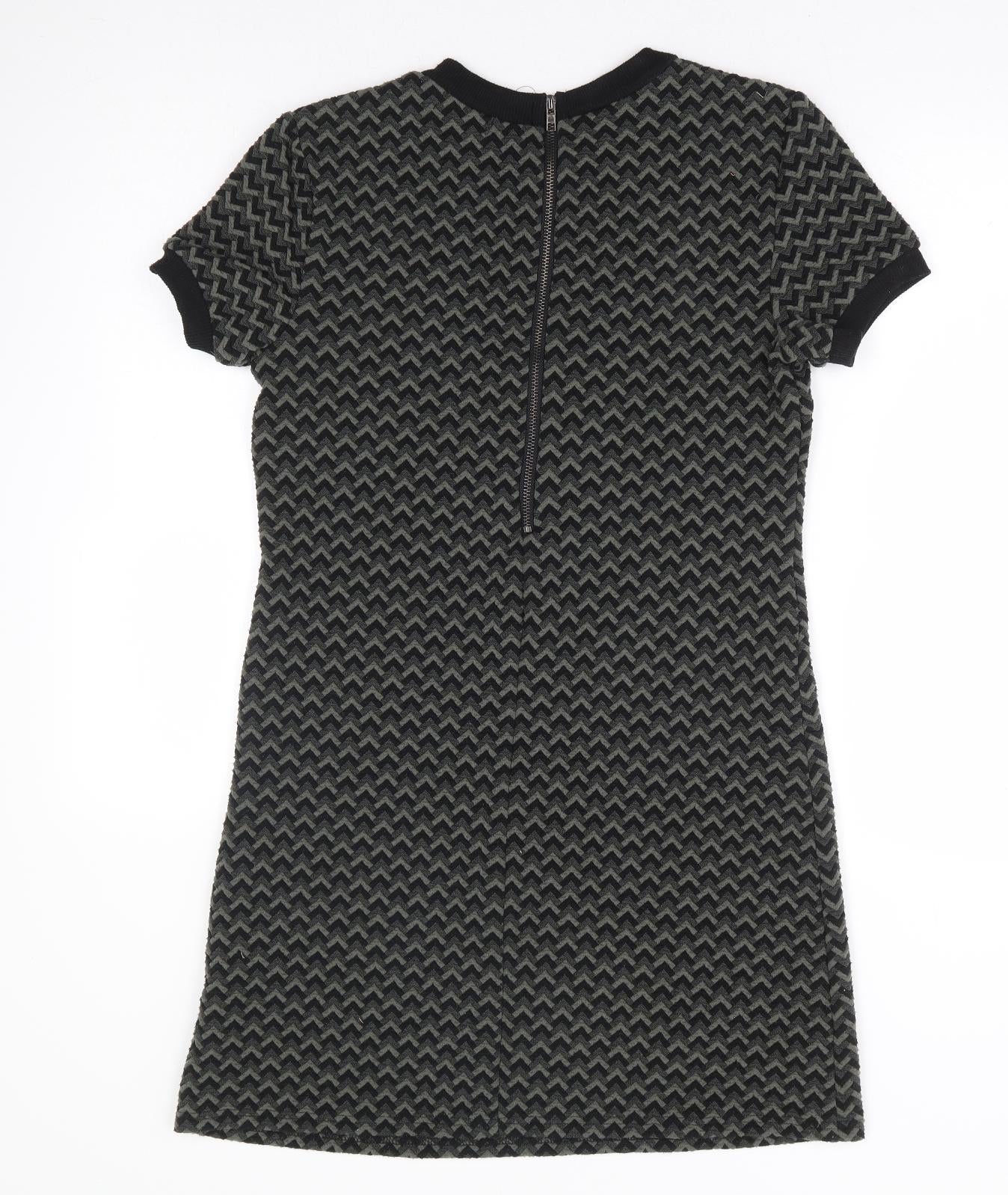 Apricot Womens Green Geometric Polyester A-Line Size S Round Neck Zip