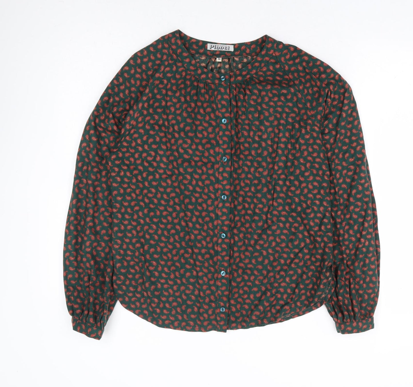 Planet Womens Green Paisley Acrylic Basic Button-Up Size 14 Round Neck