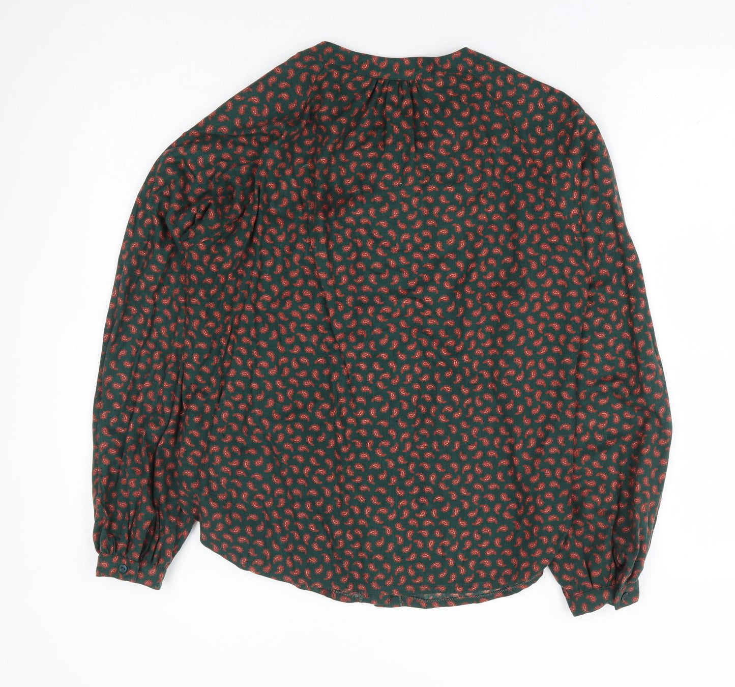 Planet Womens Green Paisley Acrylic Basic Button-Up Size 14 Round Neck