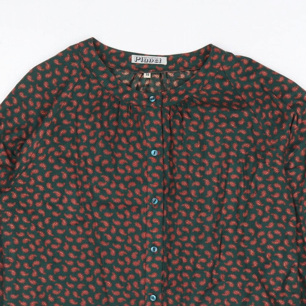 Planet Womens Green Paisley Acrylic Basic Button-Up Size 14 Round Neck