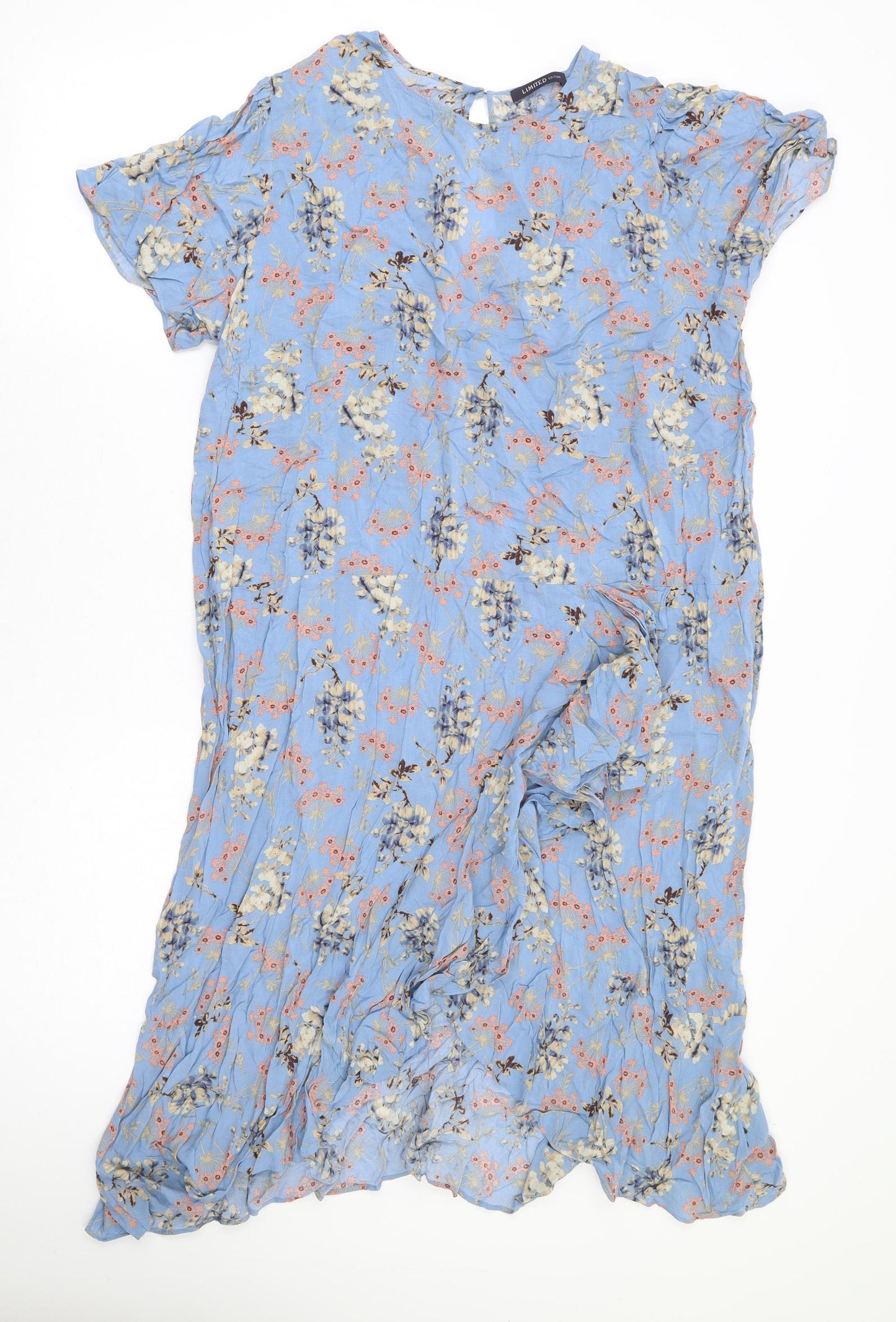 Marks and Spencer Womens Blue Floral Viscose A-Line Size 16 Round Neck Button