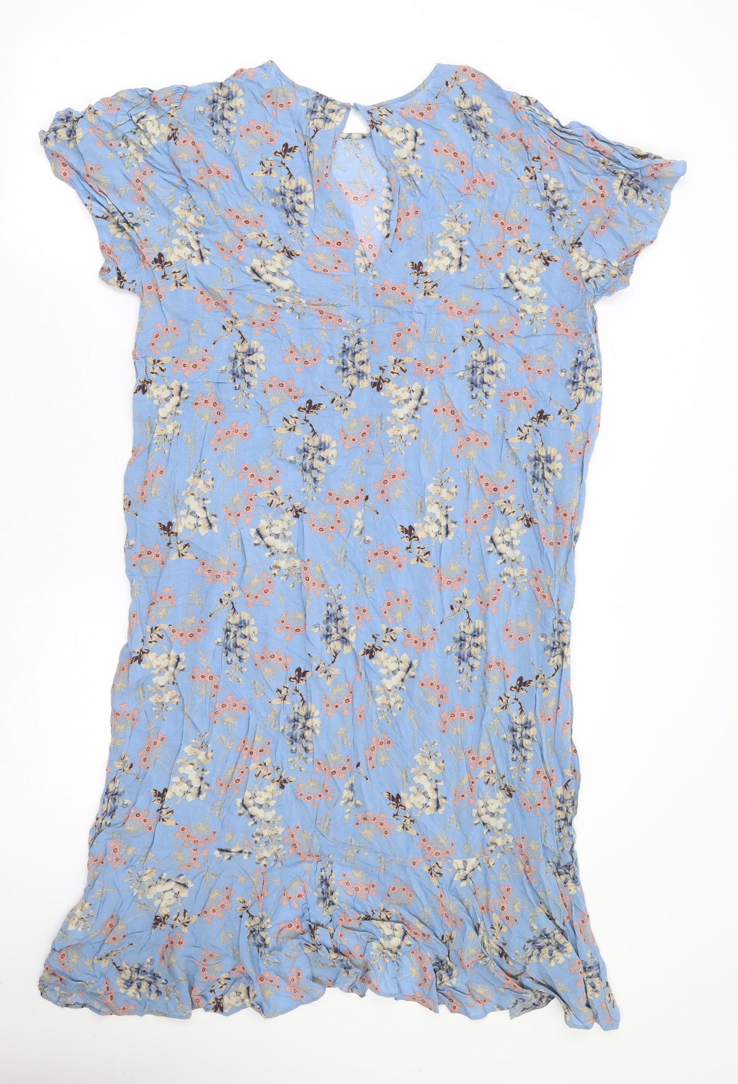 Marks and Spencer Womens Blue Floral Viscose A-Line Size 16 Round Neck Button
