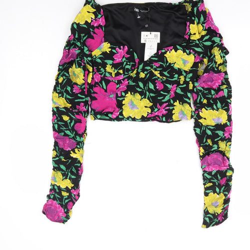 Zara Womens Multicoloured Floral Viscose Cropped Blouse Size S Sweetheart