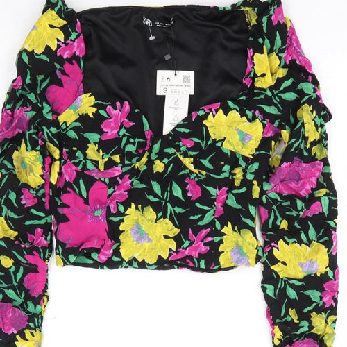 Zara Womens Multicoloured Floral Viscose Cropped Blouse Size S Sweetheart