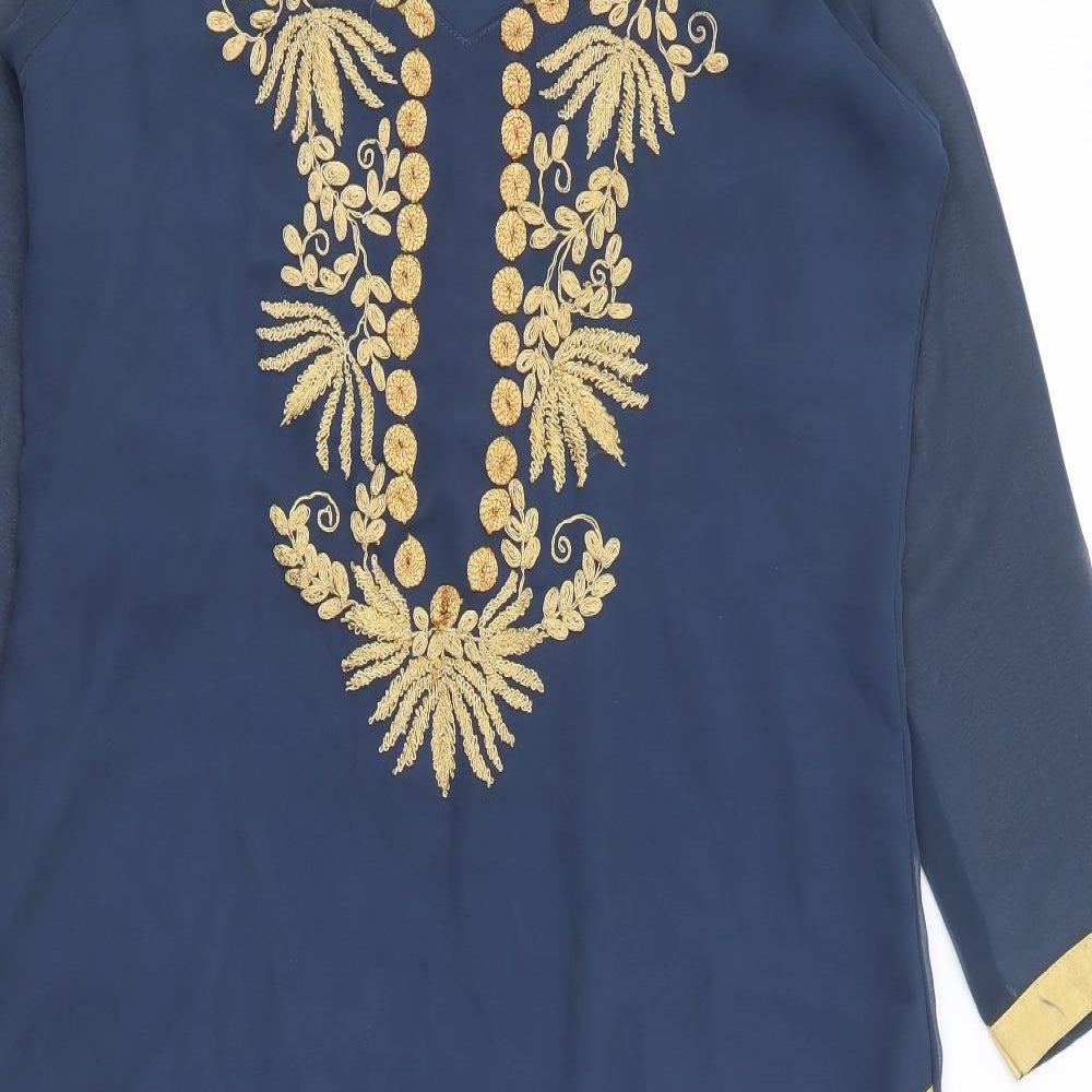 Preworn Womens Blue Polyester Tunic Blouse Size M V-Neck - Side Slits