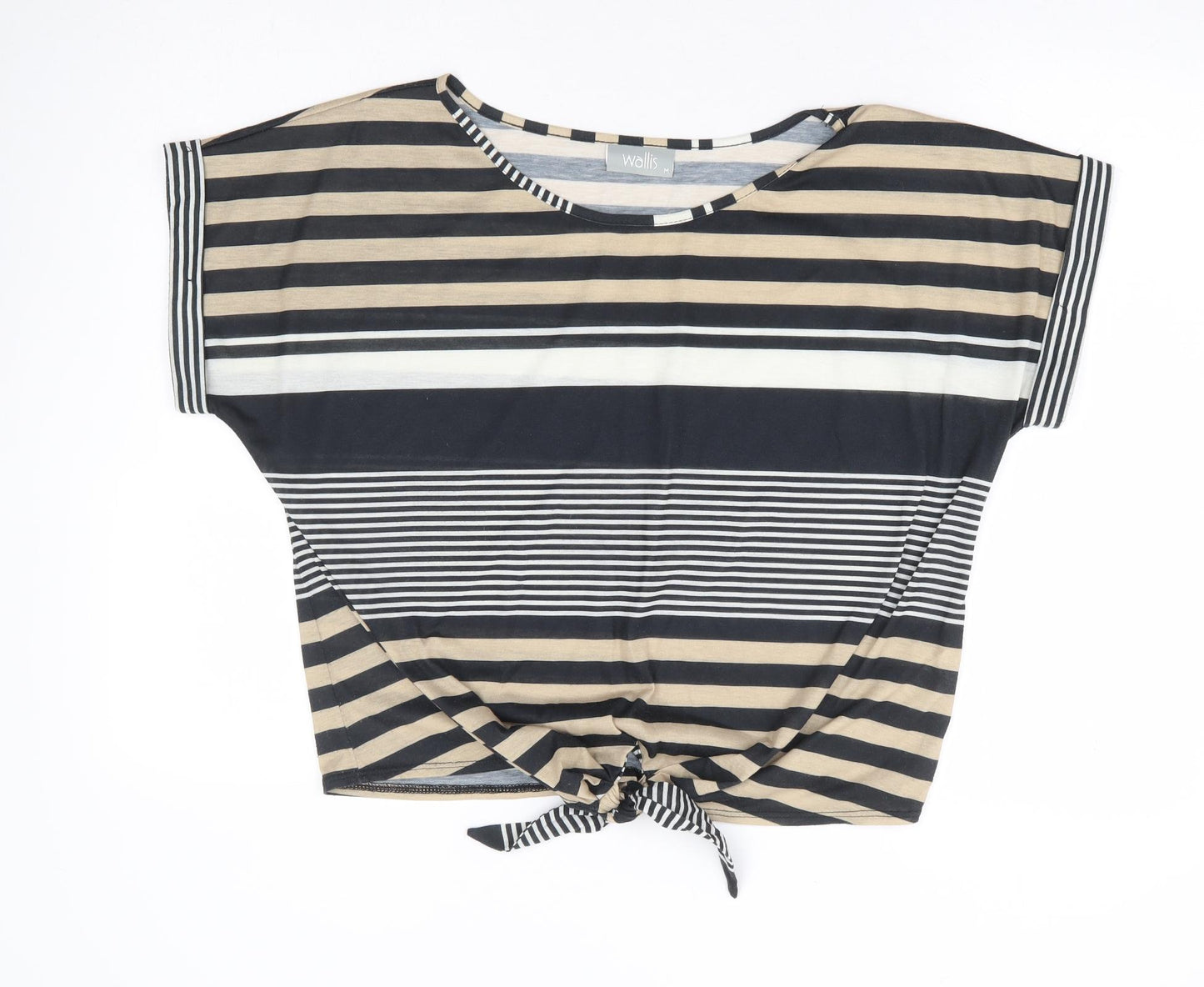 Wallis Womens Beige Striped Polyester Basic T-Shirt Size M Round Neck - Tie Front