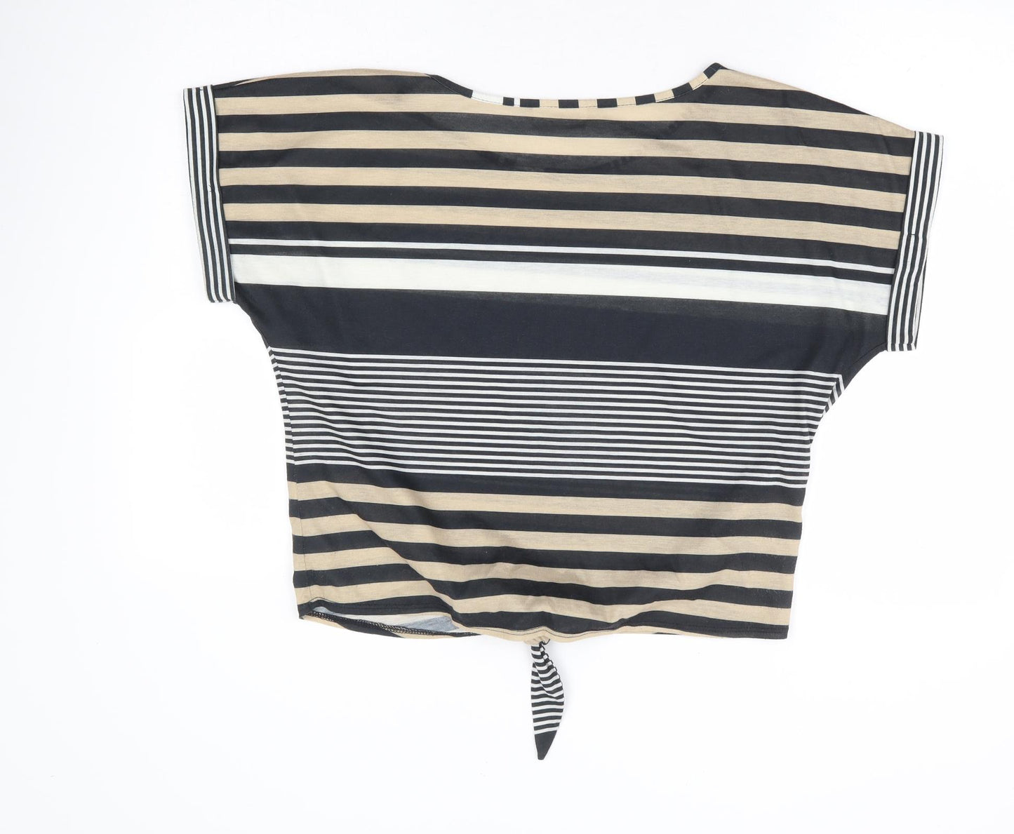 Wallis Womens Beige Striped Polyester Basic T-Shirt Size M Round Neck - Tie Front