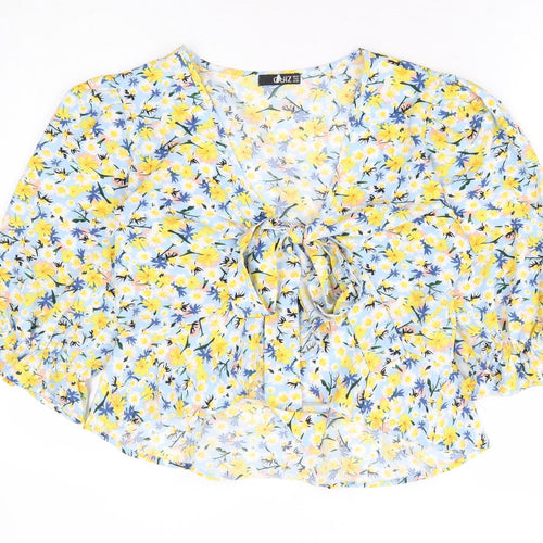 Quiz Womens Blue Floral Polyester Basic Blouse Size 14 V-Neck - Tie Front