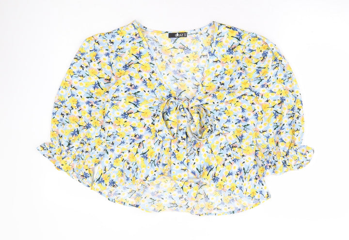 Quiz Womens Blue Floral Polyester Basic Blouse Size 14 V-Neck - Tie Front