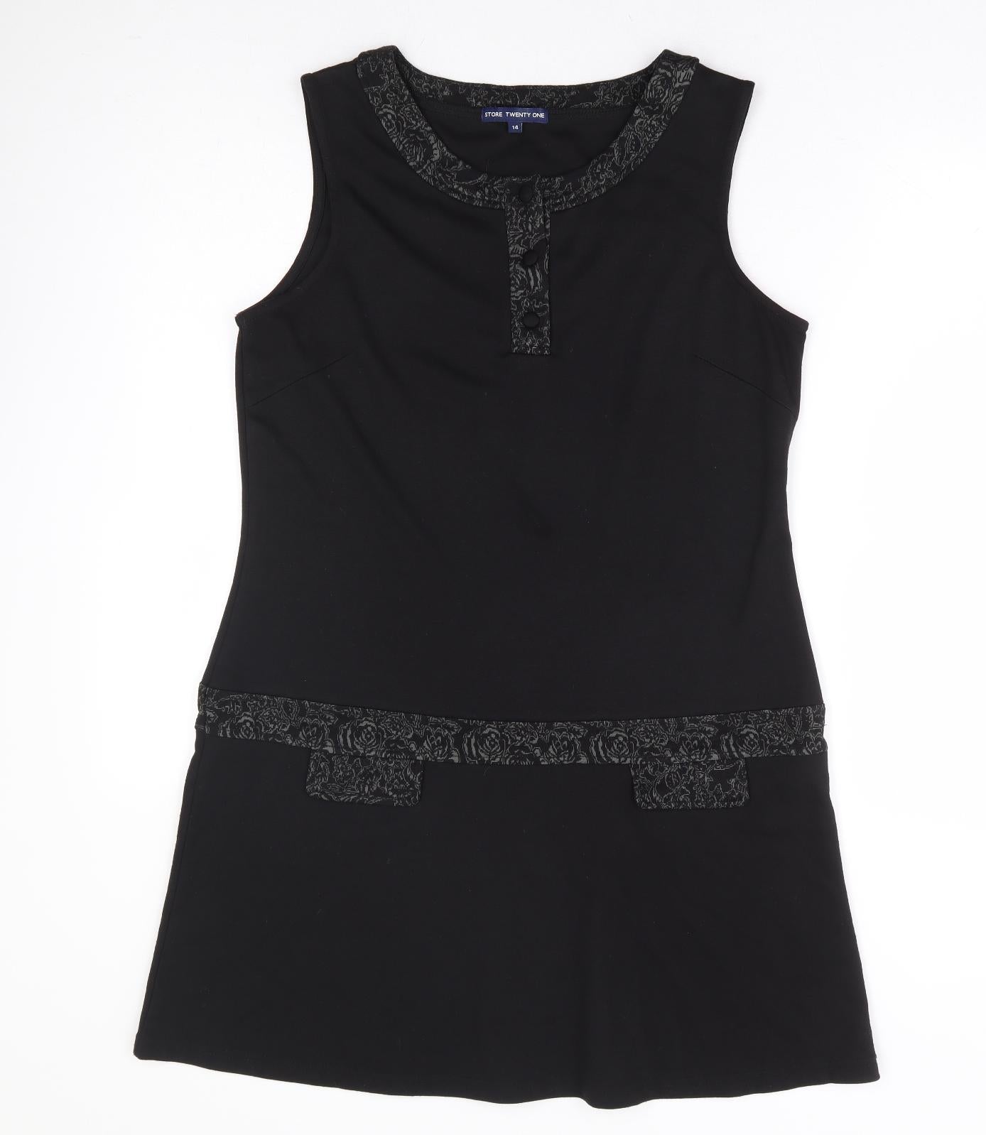 Store Twenty one Womens Black Polyester A-Line Size 14 Round Neck Button - Contrasting Trim