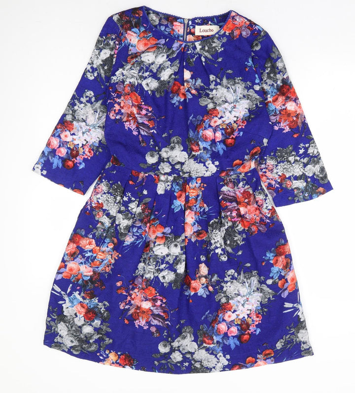 Louche Womens Blue Floral Polyester Fit & Flare Size 10 Round Neck Zip