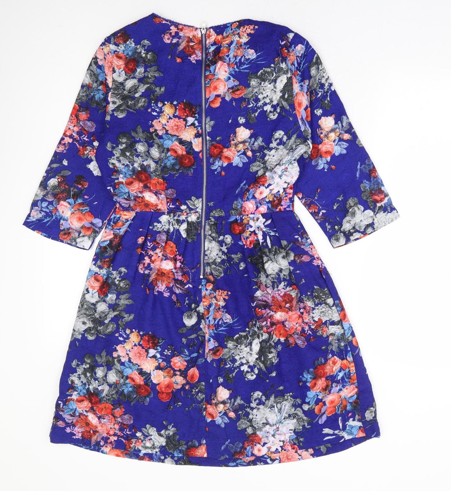 Louche Womens Blue Floral Polyester Fit & Flare Size 10 Round Neck Zip