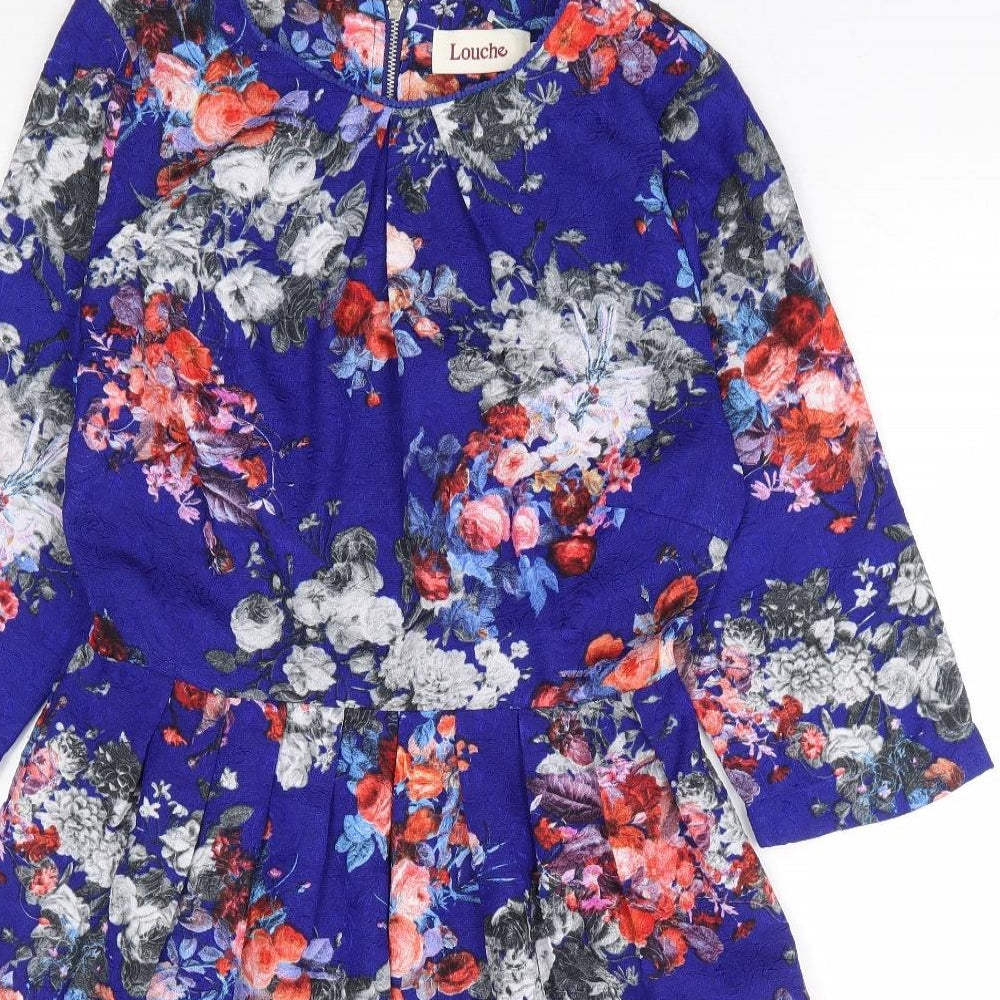 Louche Womens Blue Floral Polyester Fit & Flare Size 10 Round Neck Zip