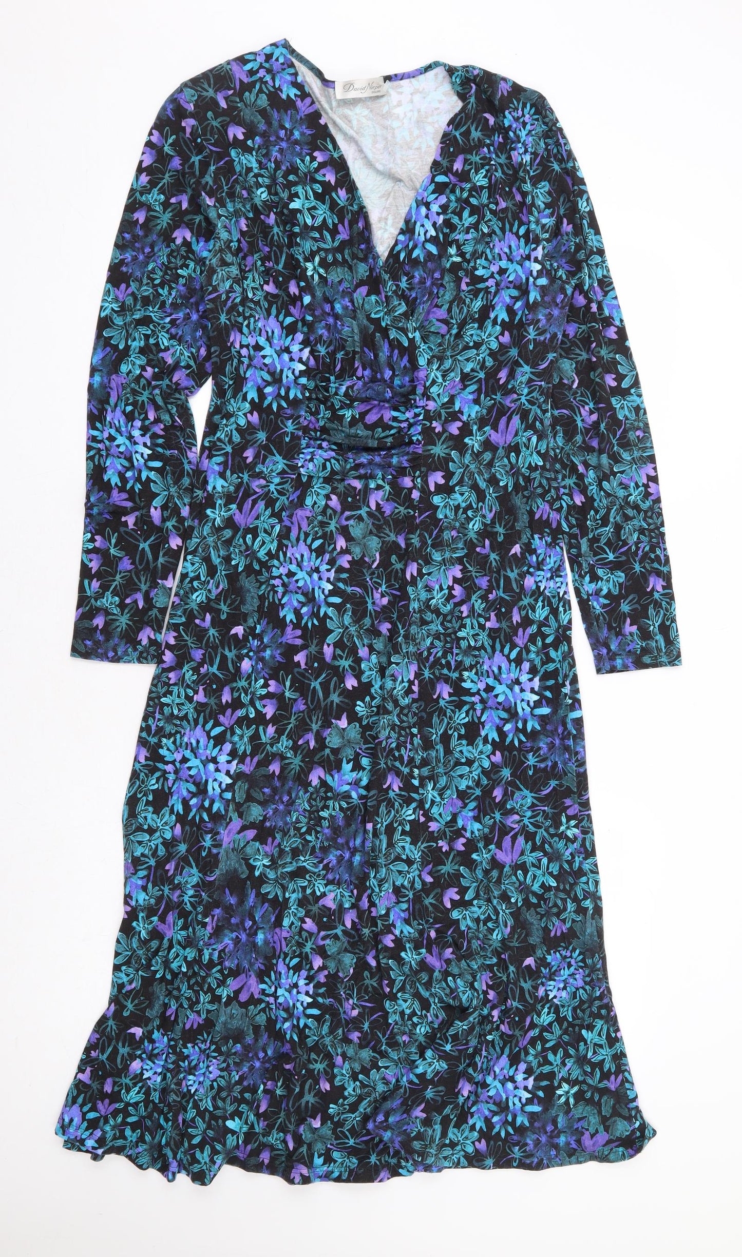 David Nieper Womens Multicoloured Floral Viscose A-Line Size 12 V-Neck Pullover