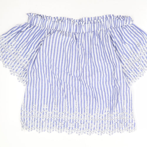 H&M Womens Blue Striped 100% Cotton Basic Blouse Size 10 Off the Shoulder - Bardot