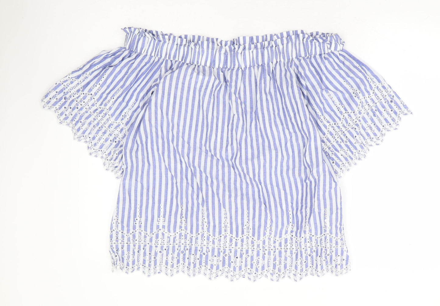 H&M Womens Blue Striped 100% Cotton Basic Blouse Size 10 Off the Shoulder - Bardot