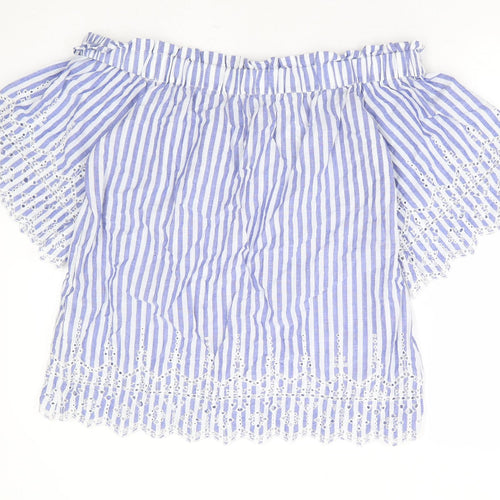 H&M Womens Blue Striped 100% Cotton Basic Blouse Size 10 Off the Shoulder - Bardot
