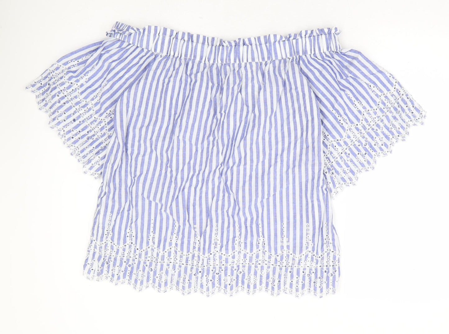 H&M Womens Blue Striped 100% Cotton Basic Blouse Size 10 Off the Shoulder - Bardot