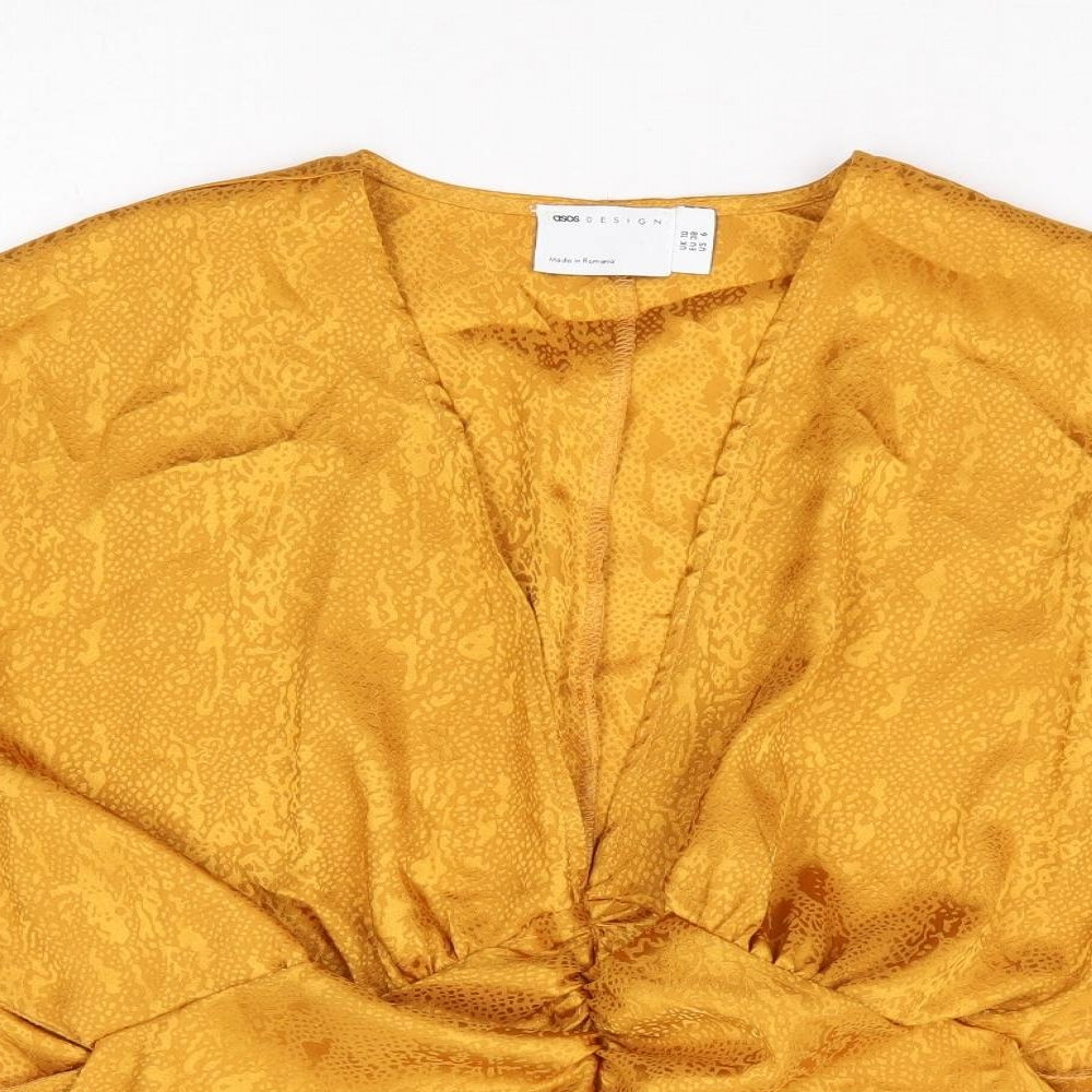 ASOS Womens Yellow Animal Print Polyester Basic Blouse Size 10 V-Neck - Snake Skin Peplum