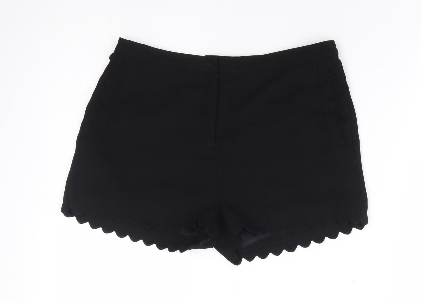 Topshop Womens Black Polyester Hot Pants Shorts Size 10 L4 in Regular Zip - Scallop Hem