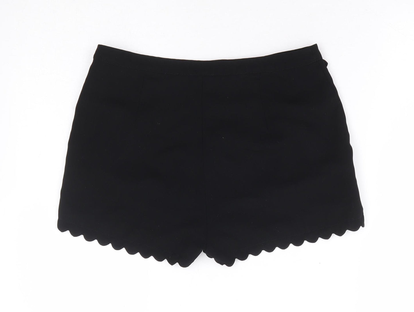 Topshop Womens Black Polyester Hot Pants Shorts Size 10 L4 in Regular Zip - Scallop Hem