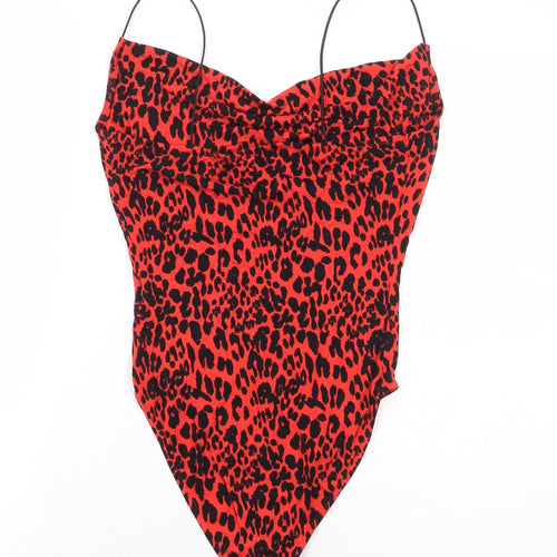 Primark Womens Red Animal Print Viscose Bodysuit One-Piece Size 6 Snap - Leopard Print