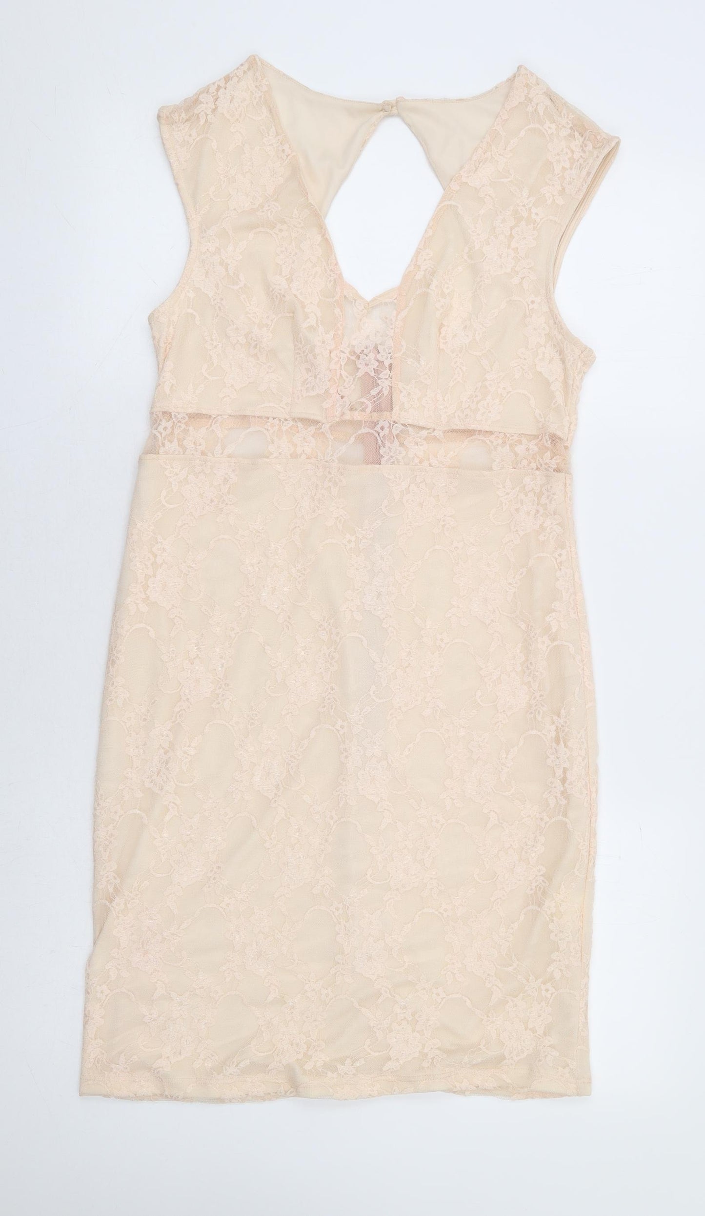 Preworn Womens Beige Floral Polyester Bodycon Size 16 V-Neck Zip