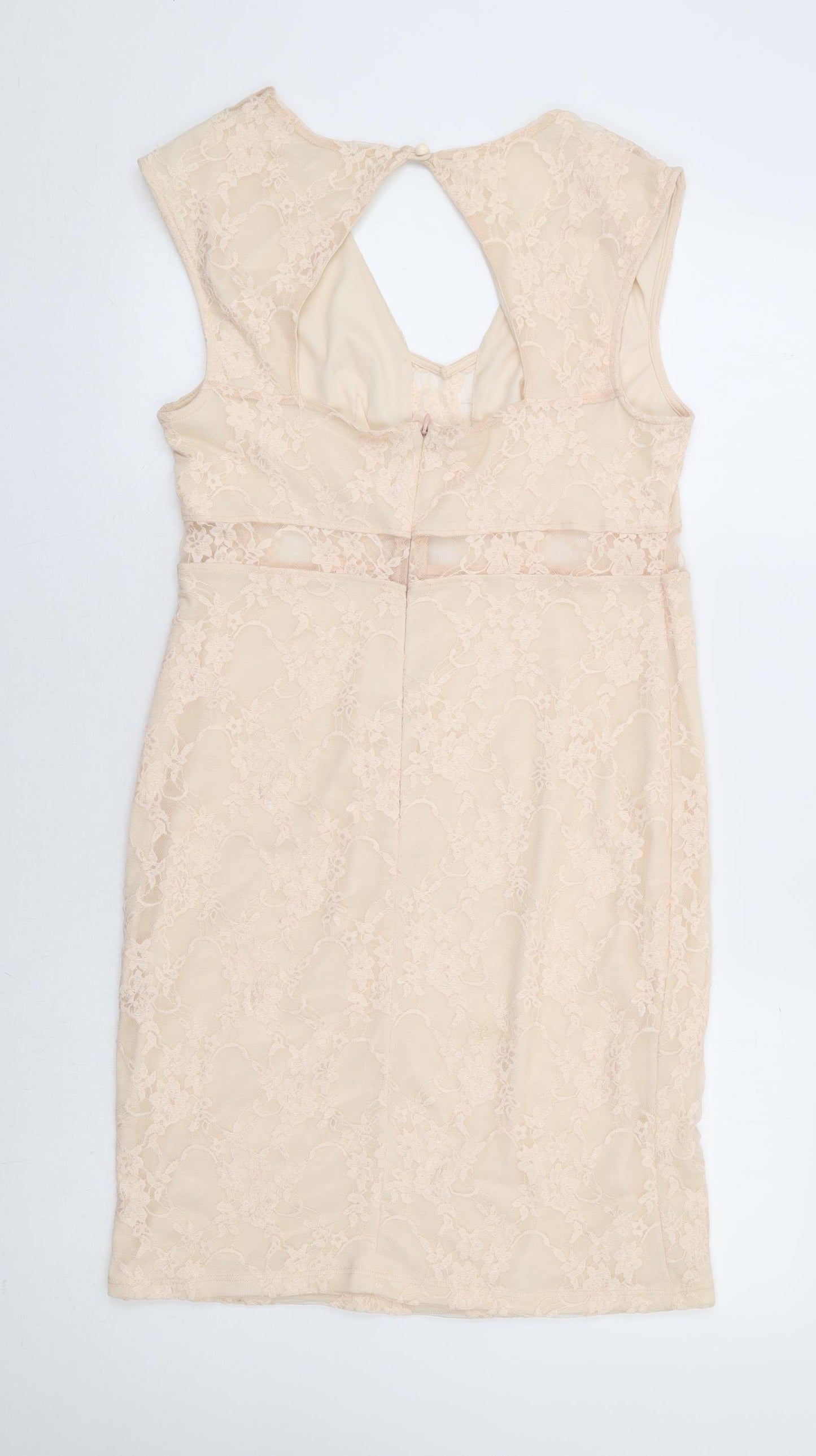 Preworn Womens Beige Floral Polyester Bodycon Size 16 V-Neck Zip