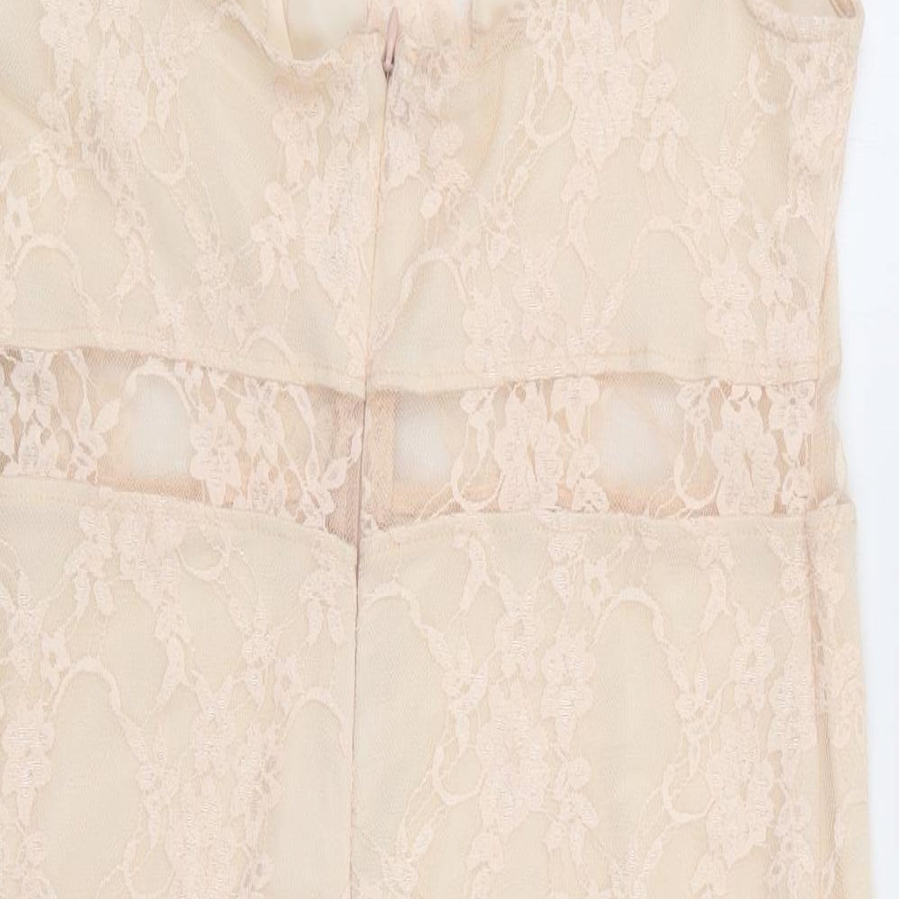 Preworn Womens Beige Floral Polyester Bodycon Size 16 V-Neck Zip