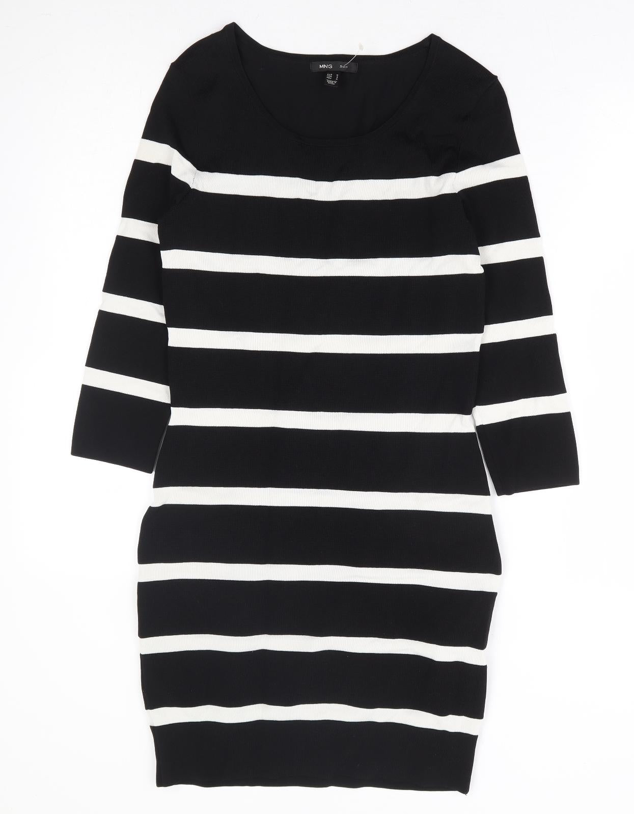 Mango Womens Black Striped Polyamide Bodycon Size M Scoop Neck Pullover