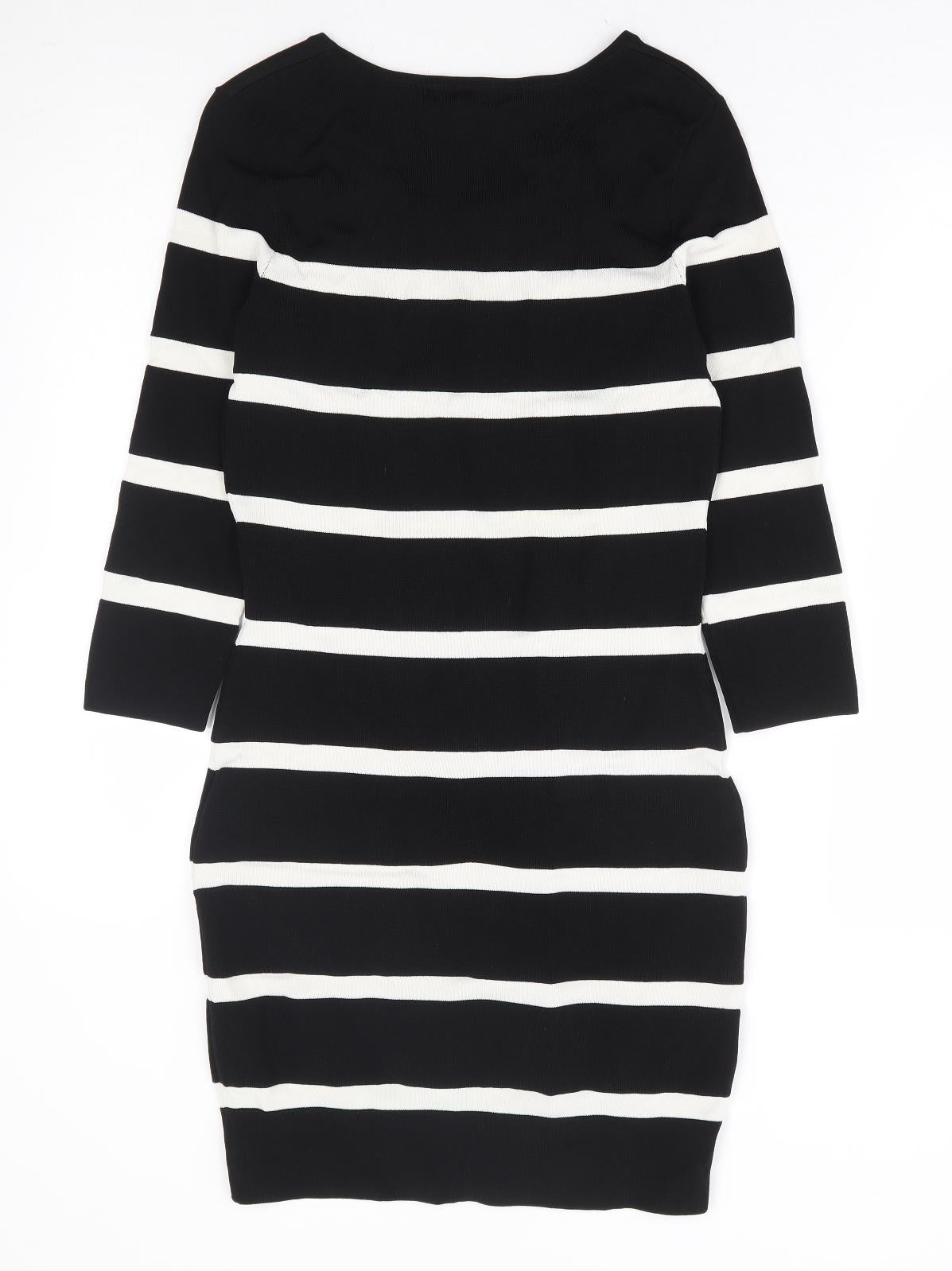 Mango Womens Black Striped Polyamide Bodycon Size M Scoop Neck Pullover