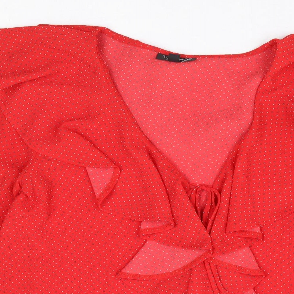 Topshop Womens Red Polka Dot Polyester Basic Blouse Size 12 V-Neck