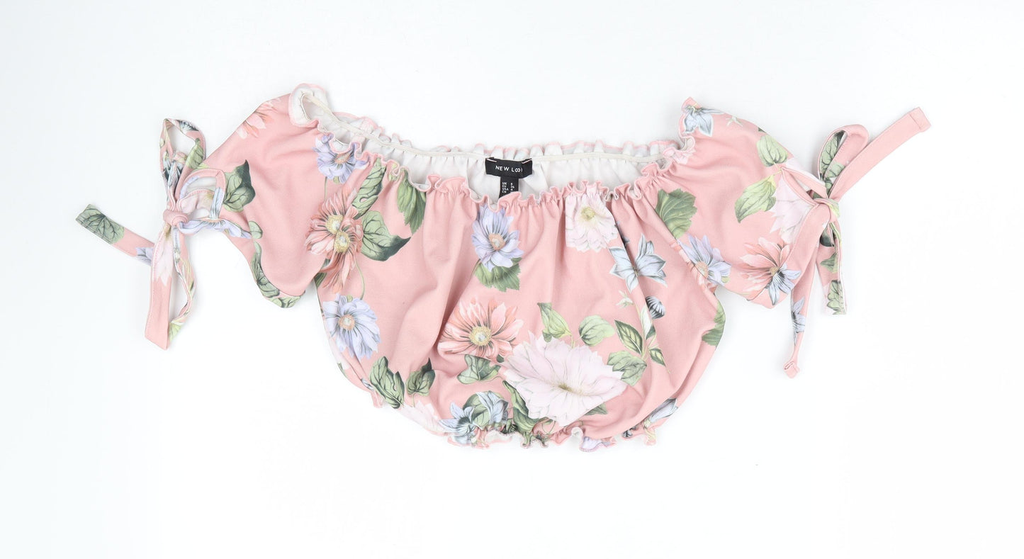New Look Womens Pink Floral Polyester Cropped Blouse Size 8 Off the Shoulder - Tie Sleeve Detail