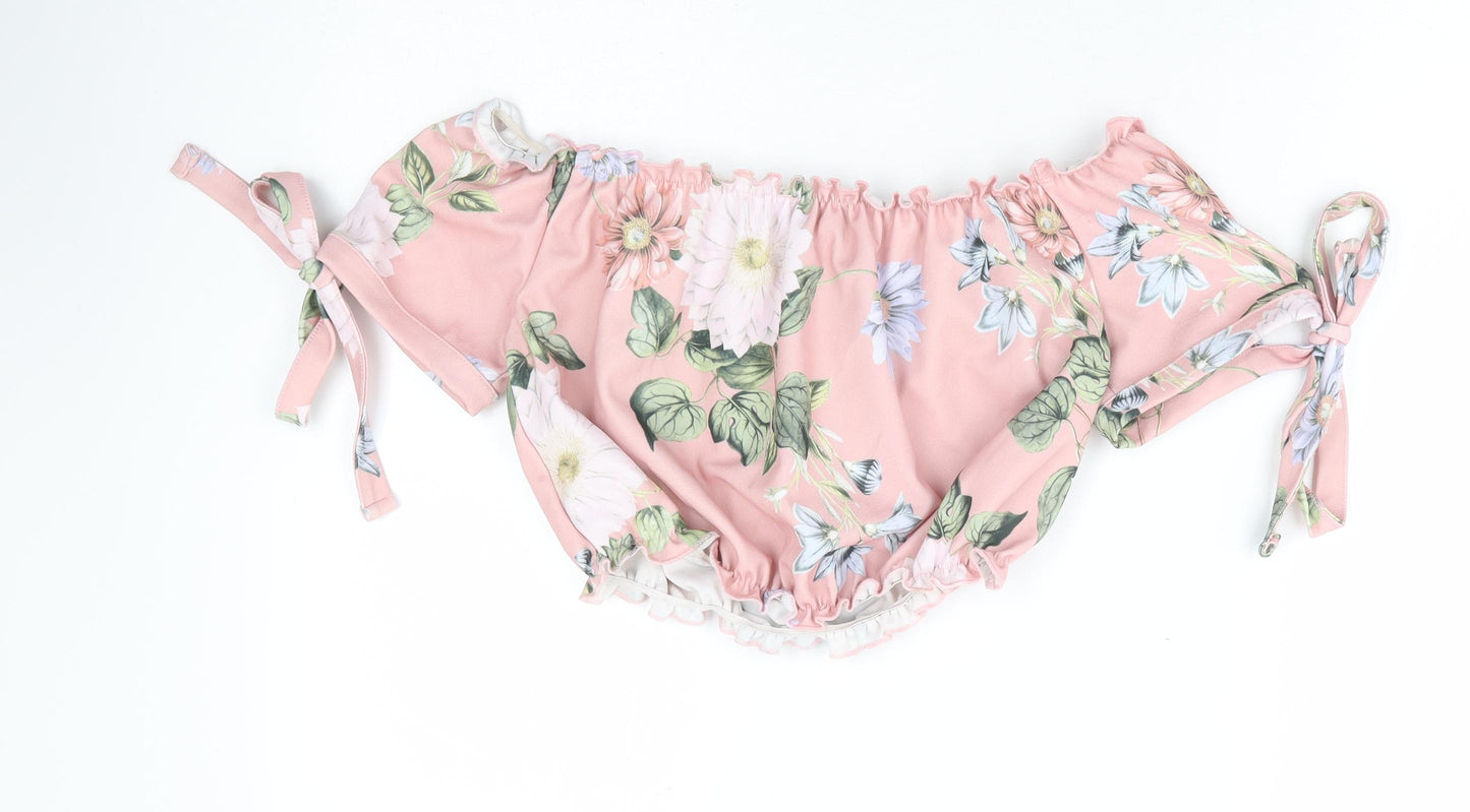 New Look Womens Pink Floral Polyester Cropped Blouse Size 8 Off the Shoulder - Tie Sleeve Detail