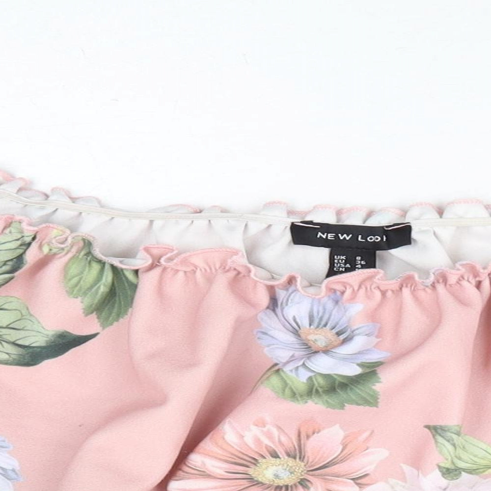 New Look Womens Pink Floral Polyester Cropped Blouse Size 8 Off the Shoulder - Tie Sleeve Detail