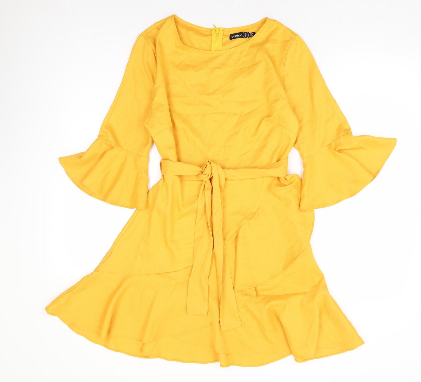 Boohoo Womens Yellow Polyester Fit & Flare Size 8 Round Neck Zip - Flute Sleeve