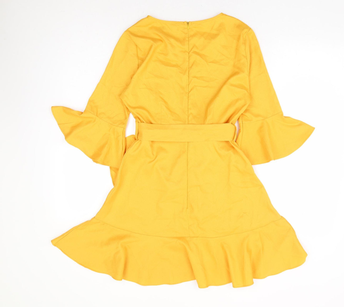 Boohoo Womens Yellow Polyester Fit & Flare Size 8 Round Neck Zip - Flute Sleeve