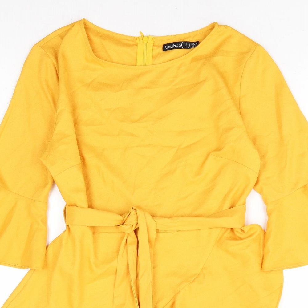 Boohoo Womens Yellow Polyester Fit & Flare Size 8 Round Neck Zip - Flute Sleeve