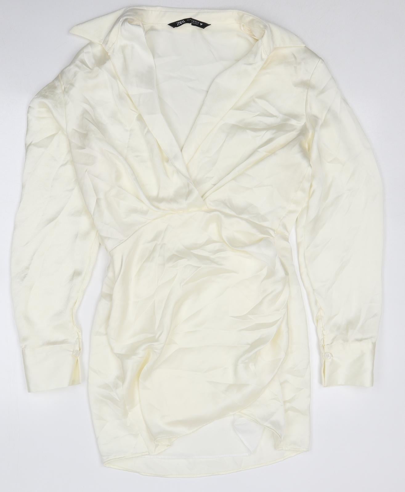 Zara Womens White Polyester Mini Size M V-Neck Zip